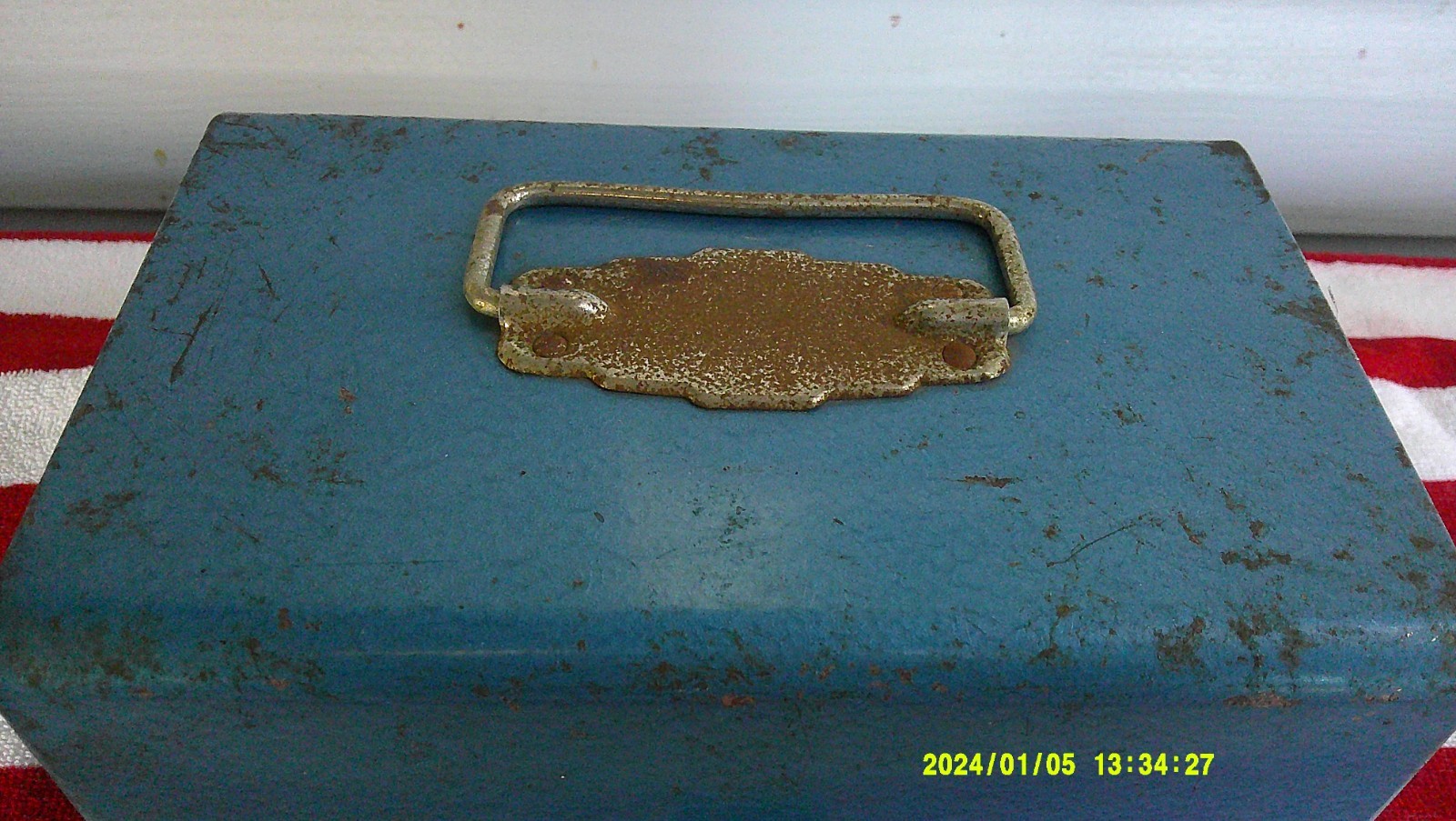 vintage blue metal film reel storage carrying case