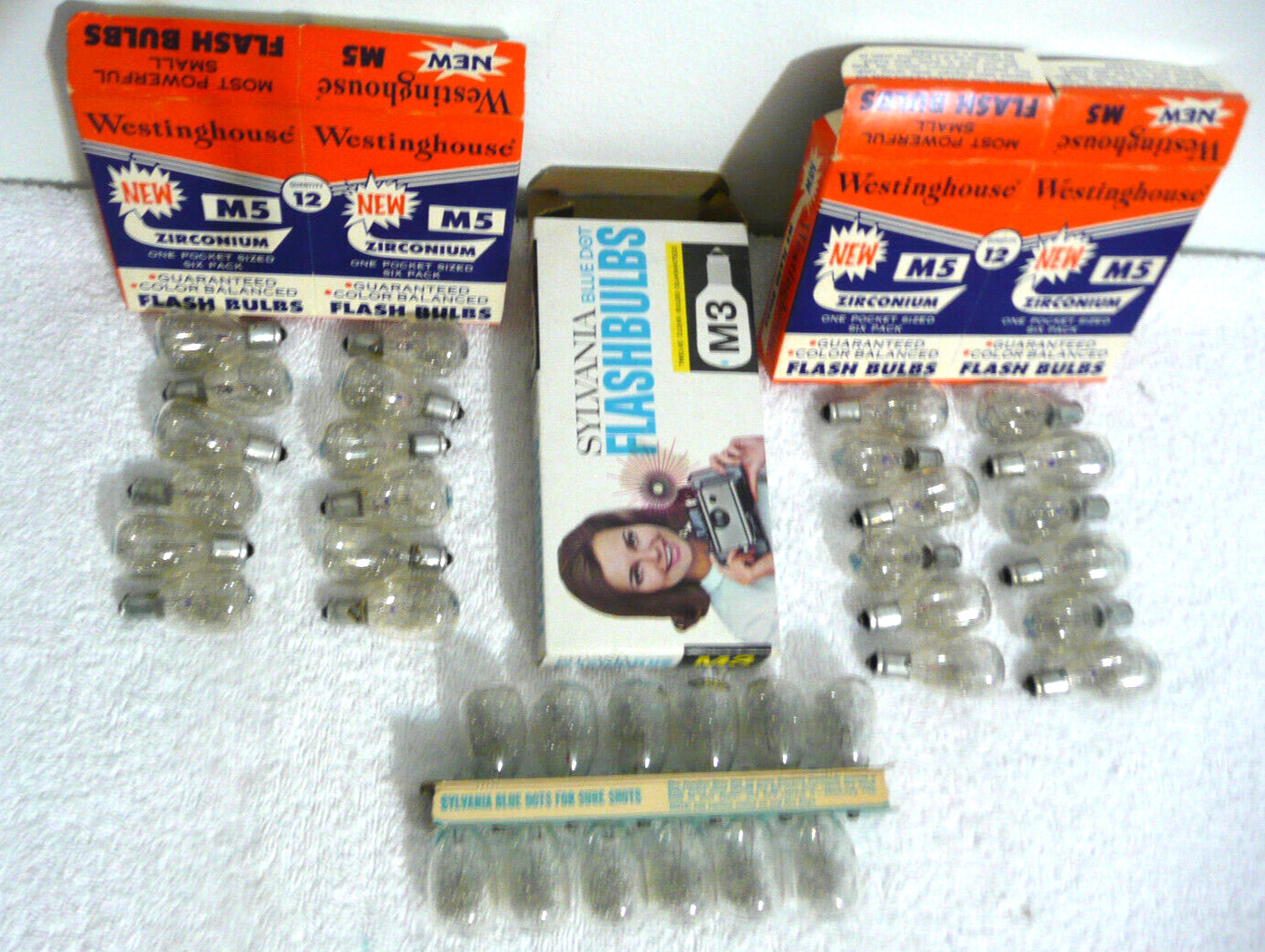 NEW OLD STOCK VTG SYLVANIA BLUE DOT M3 & WESTINGHOUSE M5 ZIRCONIUM FLASHBULBS