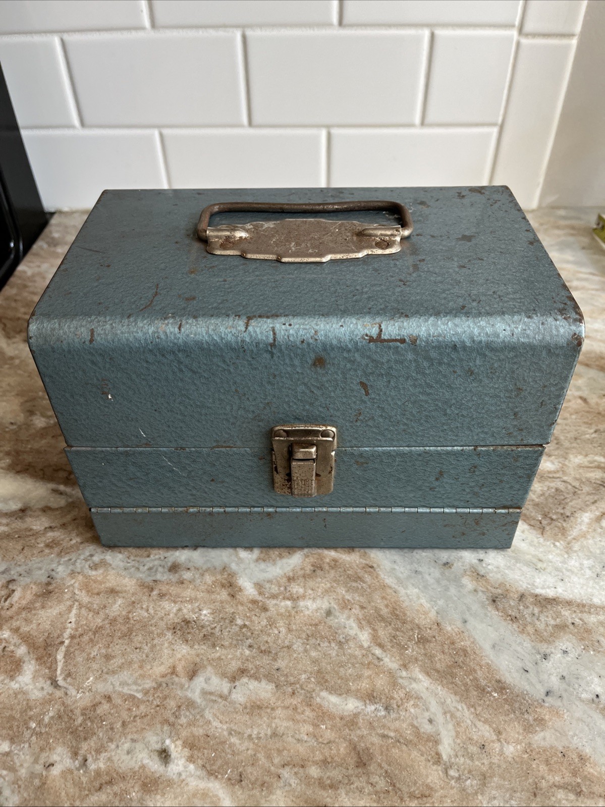 Vintage Logan De Luxe Movie Reel Chest Metal 5.5” X 7.5” Grey Blue With Handle