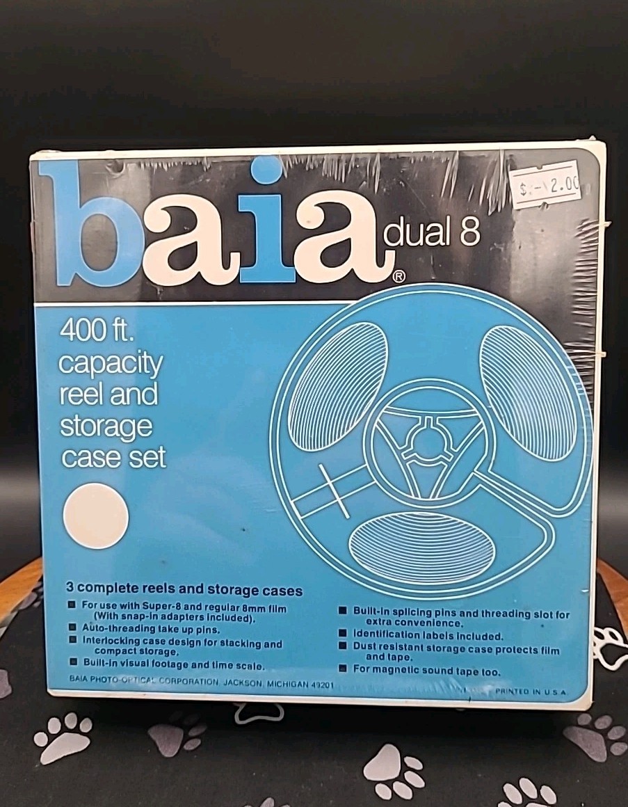 New Sealed Vintage Set of 3 Baia Dual 8 400ft Capacity Reel & Storage Case
