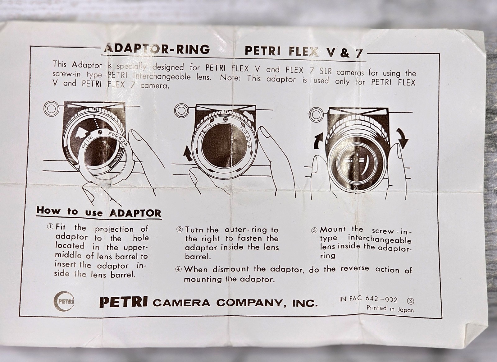 PETRI M42 Screw Mount Camera Lens Adapter Ring to Bayonet Mount w Instructions