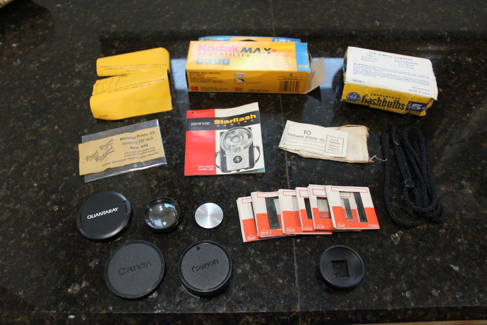 Vintage Camera Related Items Lot Advertising Bulbs, Slides, Lanyard, Lens Caps +
