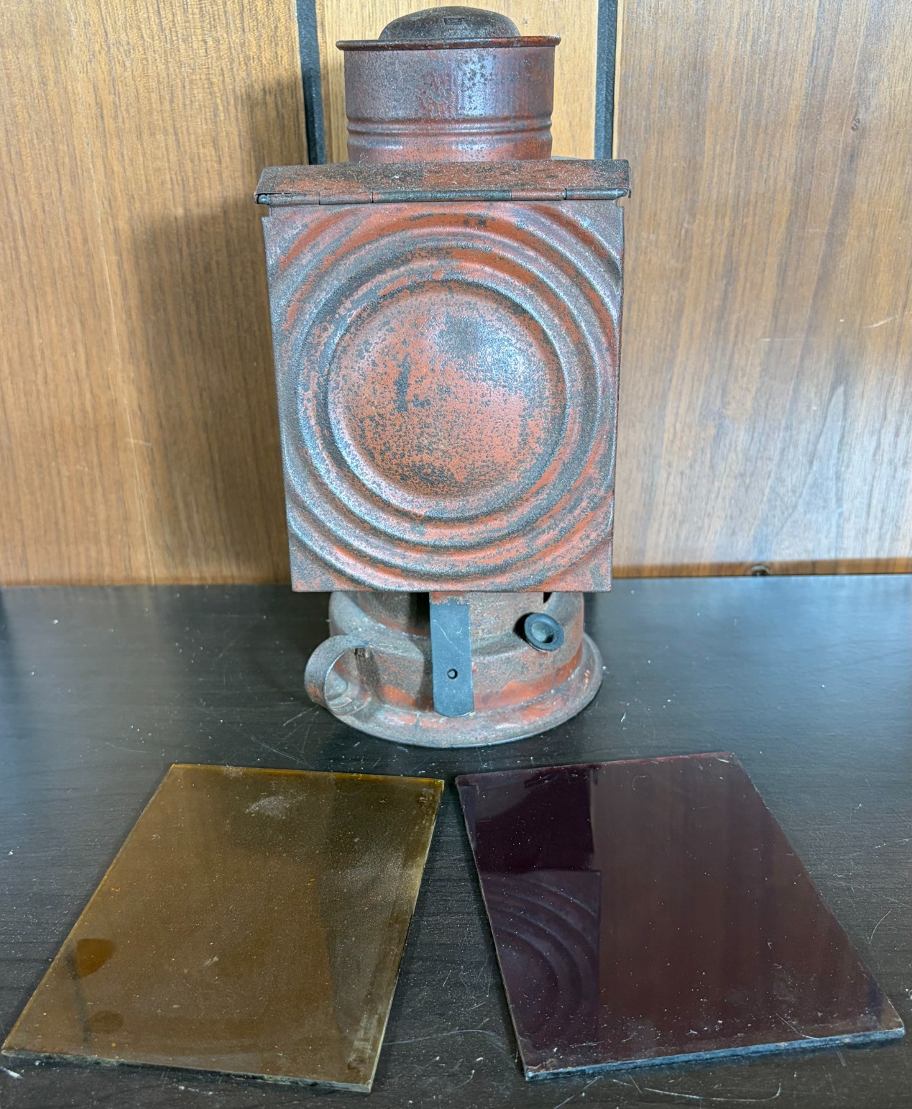 Antique Red Photography Darkroom Oil Lantern w/ Red & Amber Glass Panels RARE