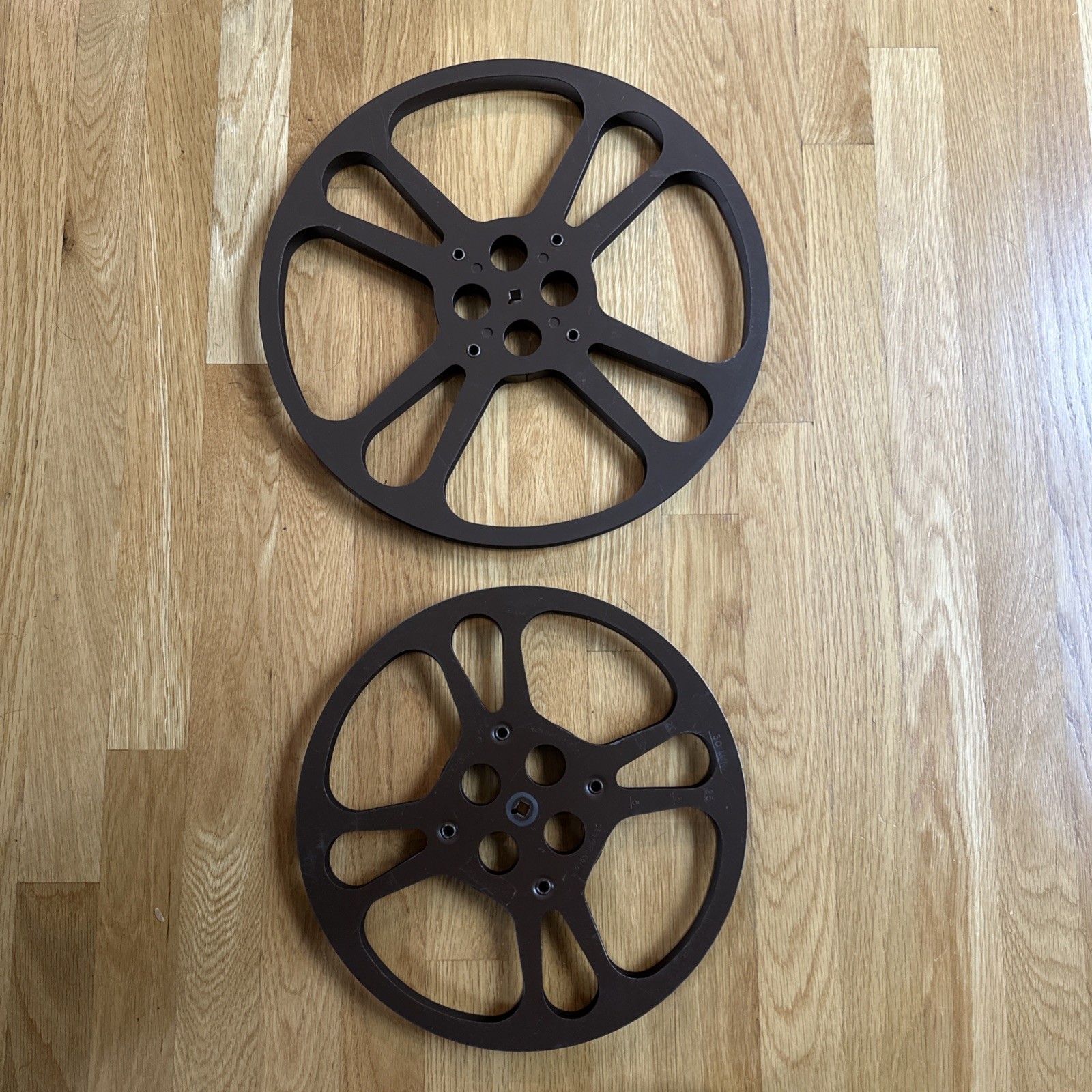 Metal Film Reel Goldberg Bros 12″ + 15” Made in USA Brown 4 Holes Vtg (Set of 2)