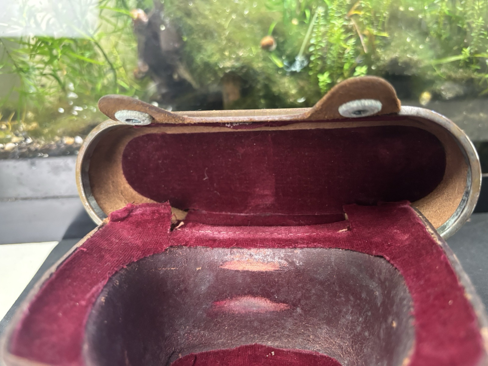 Vintage Brown Film Camera Case Made in Japan lots of wear and rust on metal.