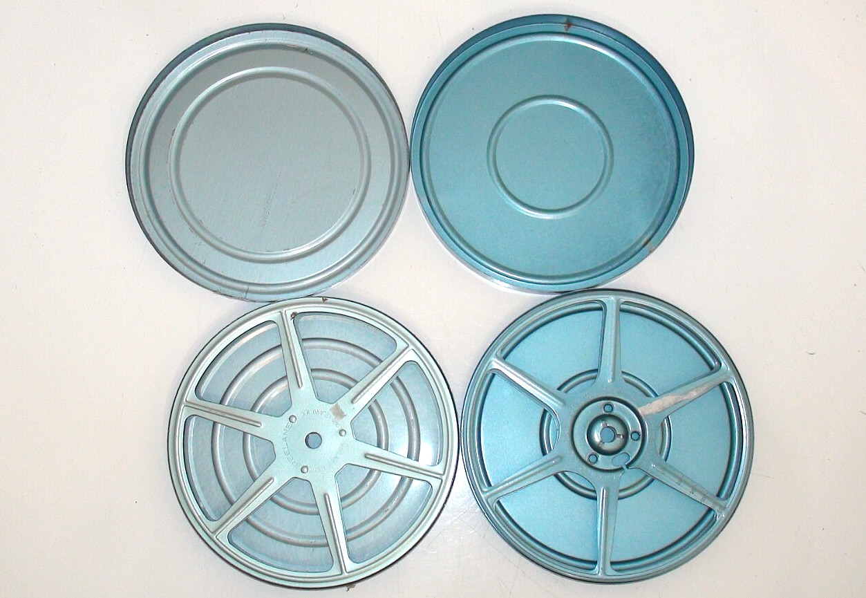 Lot of 2 two metal 8mm film reels & canisters 200 ft capacity each used