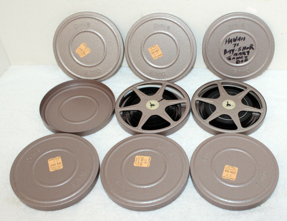 6 Vintage 5″ Dual 8 Metal Film Reel Cans + 2 Films ~ Hawaii Family Vacation