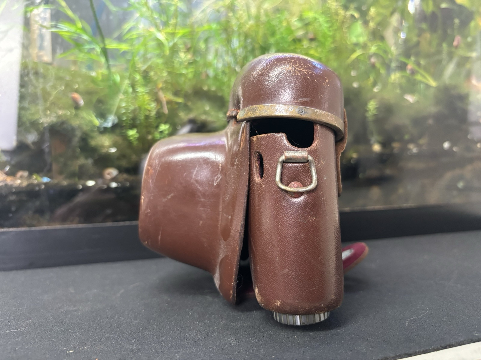 Vintage Brown Film Camera Case Made in Japan lots of wear and rust on metal.
