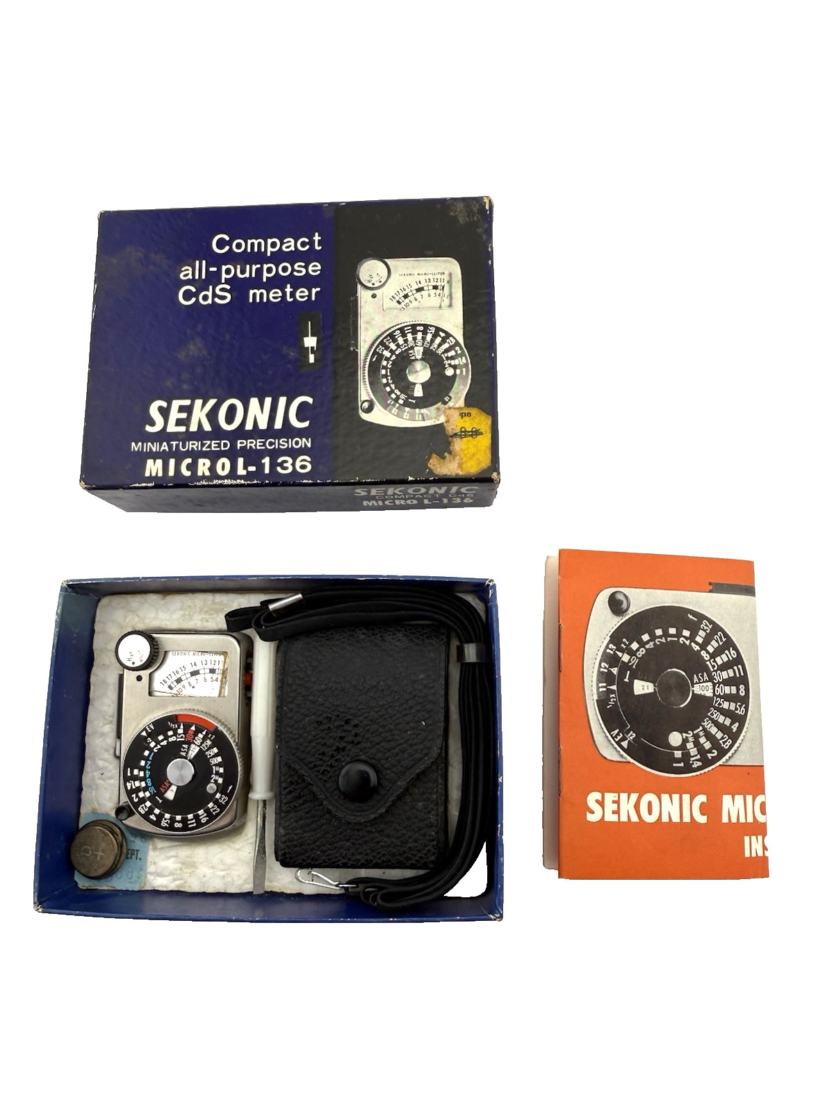 VINTAGE SEKONIC MICRO CLIP-ON LIGHT METER L-136 EXPOSURE METER ORIGINAL CASE/BOX