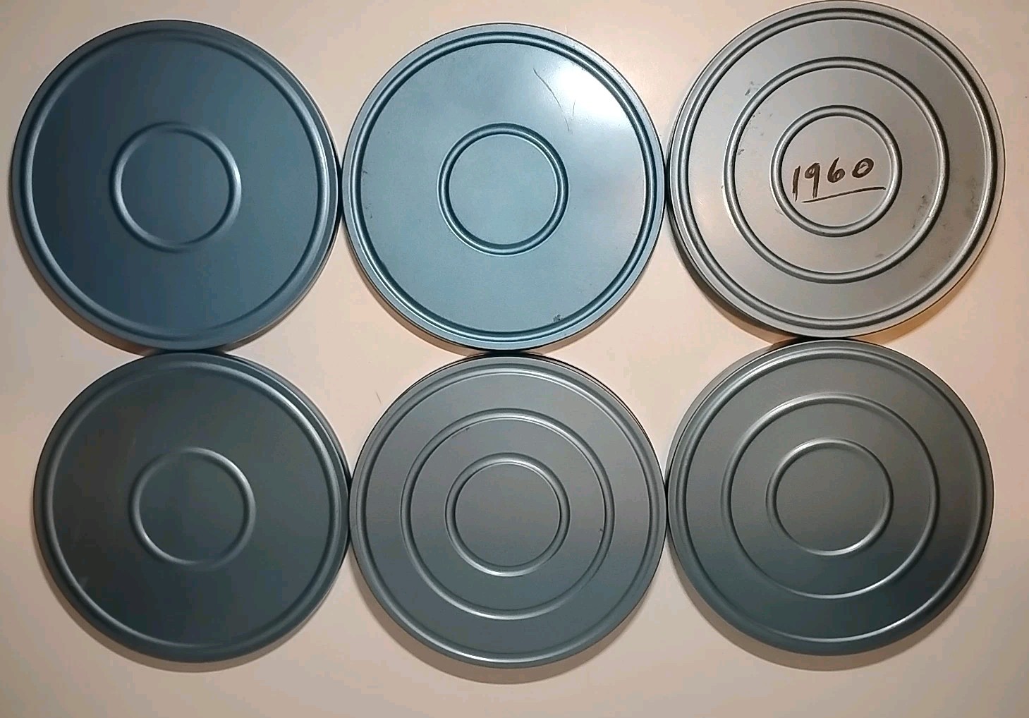 13 Vintage 8mm Film Empty Canister Reels Blue Grey Green + Brown Metal Case