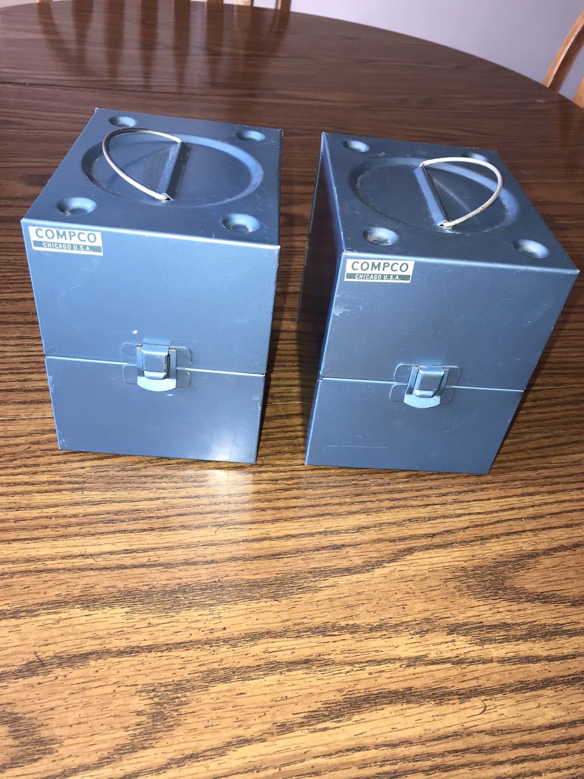 2 Vintage Compco Metal Film Case Storage Boxes With Six 8mm Film Reels Per Box
