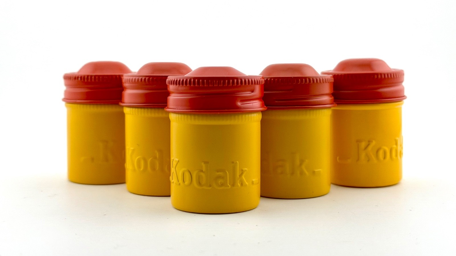 Lot of 5 Yellow and Red Kodak Metal Aluminum 35mm Film Can Canisters