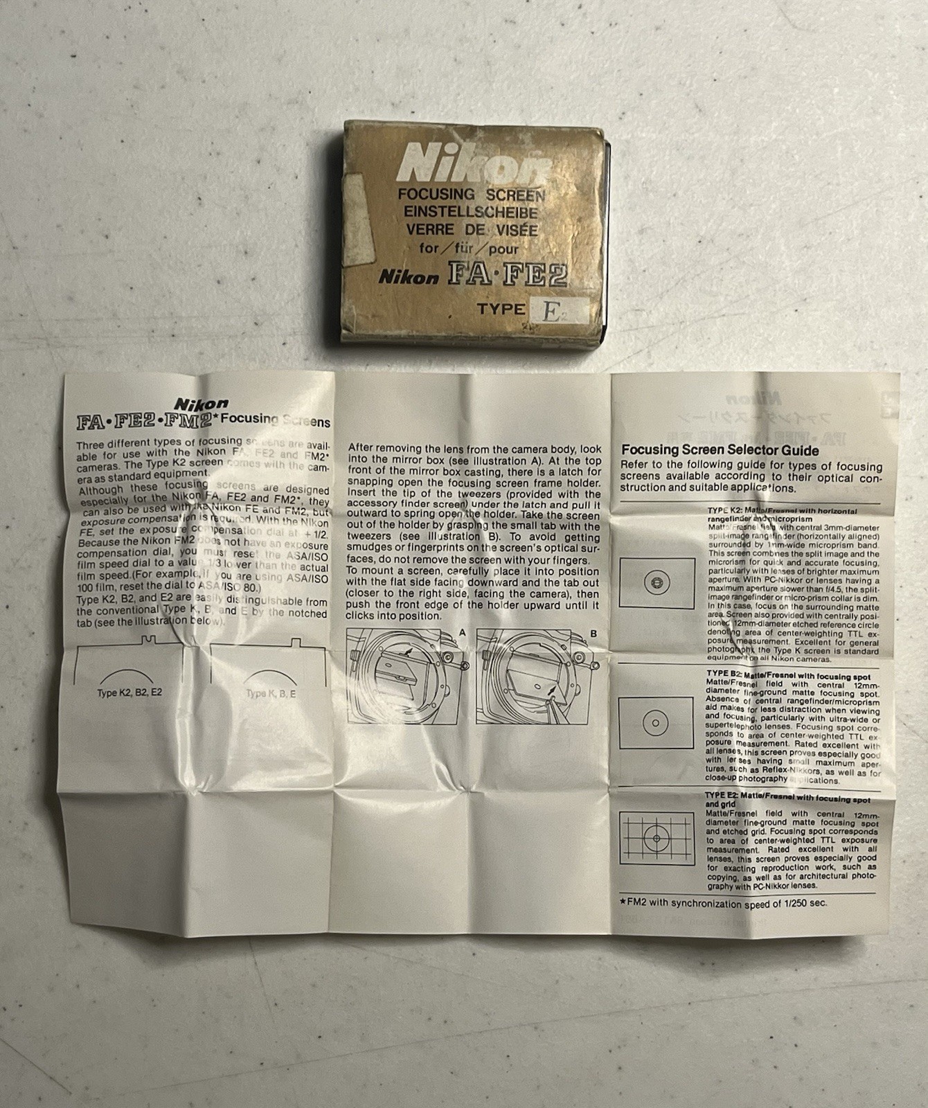 Nikon Type E2 Focusing Screen for FA FE2 FM2 w/ Case Box Instructions Vintage