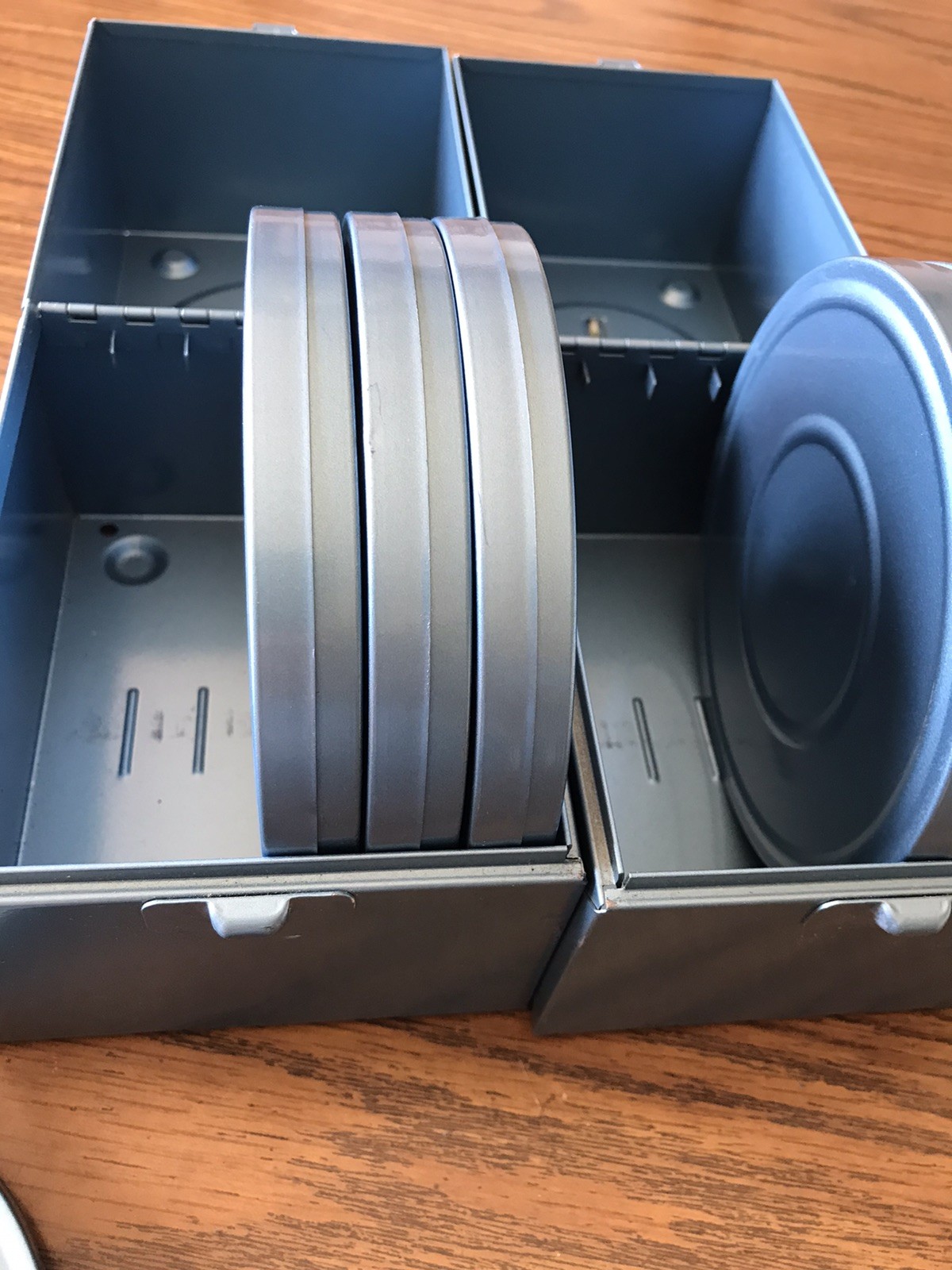 2 Vintage Compco Metal Film Case Storage Boxes With Six 8mm Film Reels Per Box