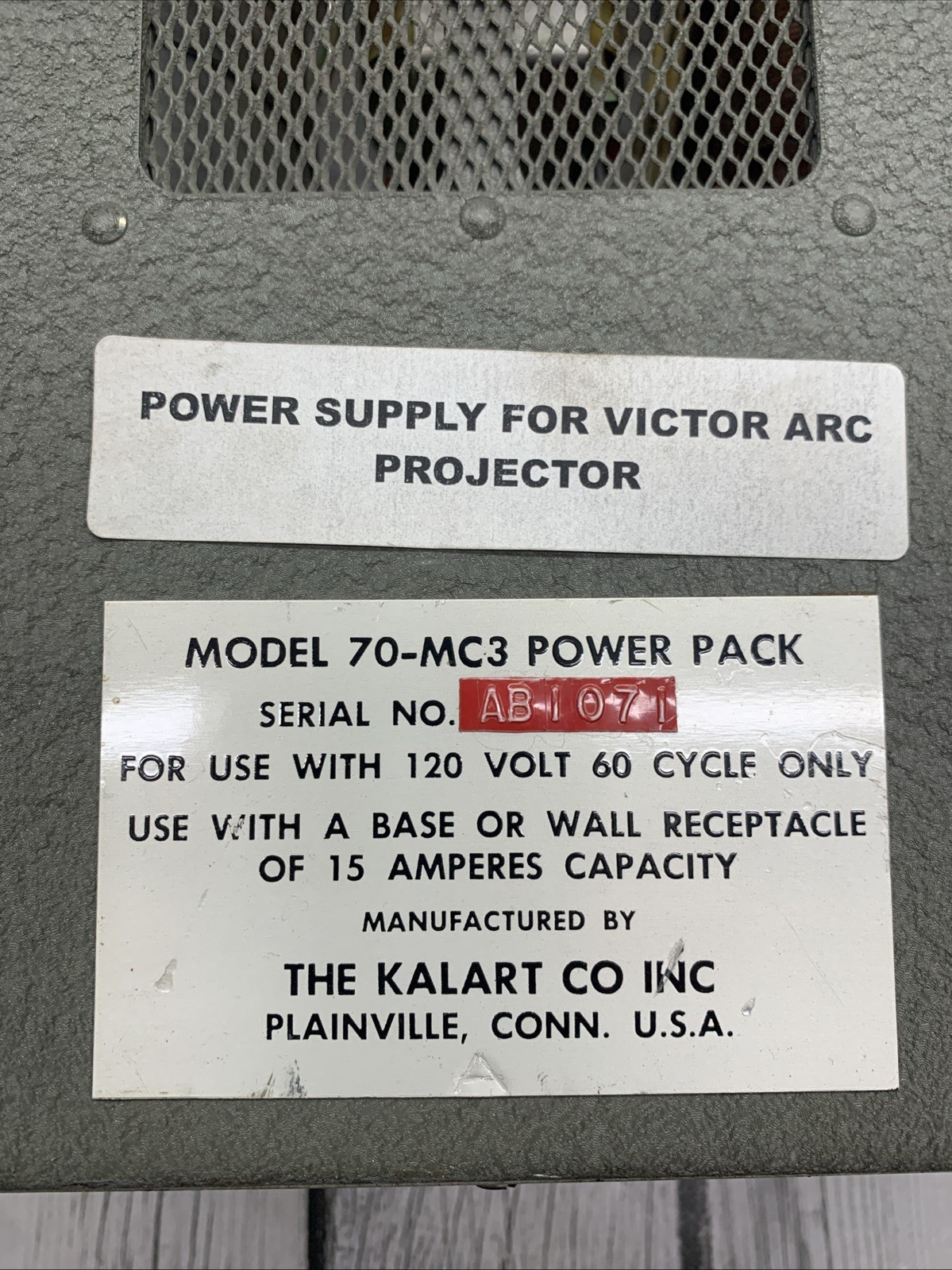 Vintage Kalart Victor Model 70-MC3 Power Pack: Serial No AB1071 ** For Lamps/etc