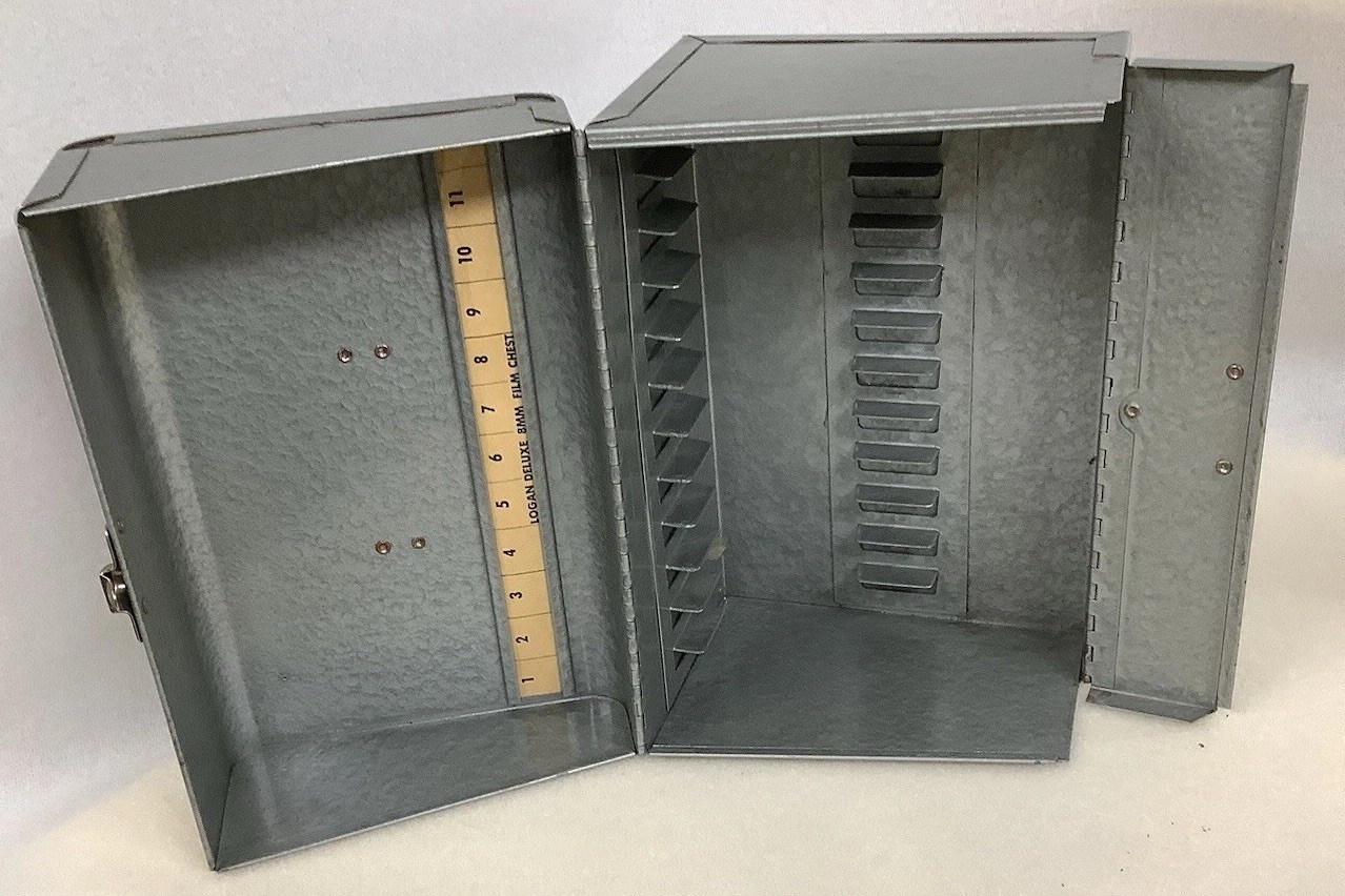 Vintage Industrial Mid Century Steel Logan Deluxe 8MM Film Chest Carrying Case