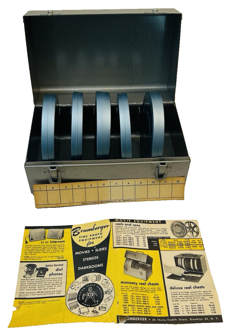 Vtg Brumberger Metal Film Reel Case Chest W/ 5 Scherer Reels & 5 Wards Cans USA