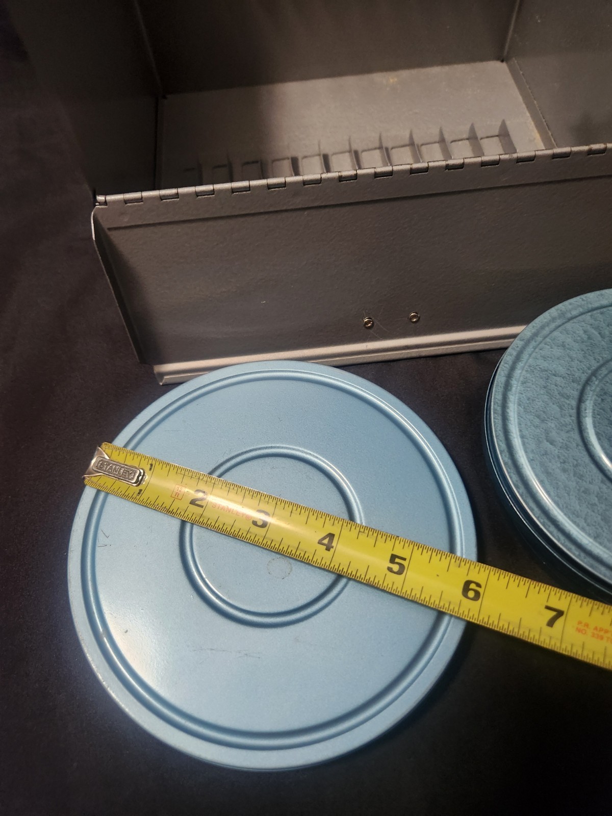 Vintage 8mm Movie Reel Metal Storage Box 12 Slots With Four 8 MM Cases Bruce