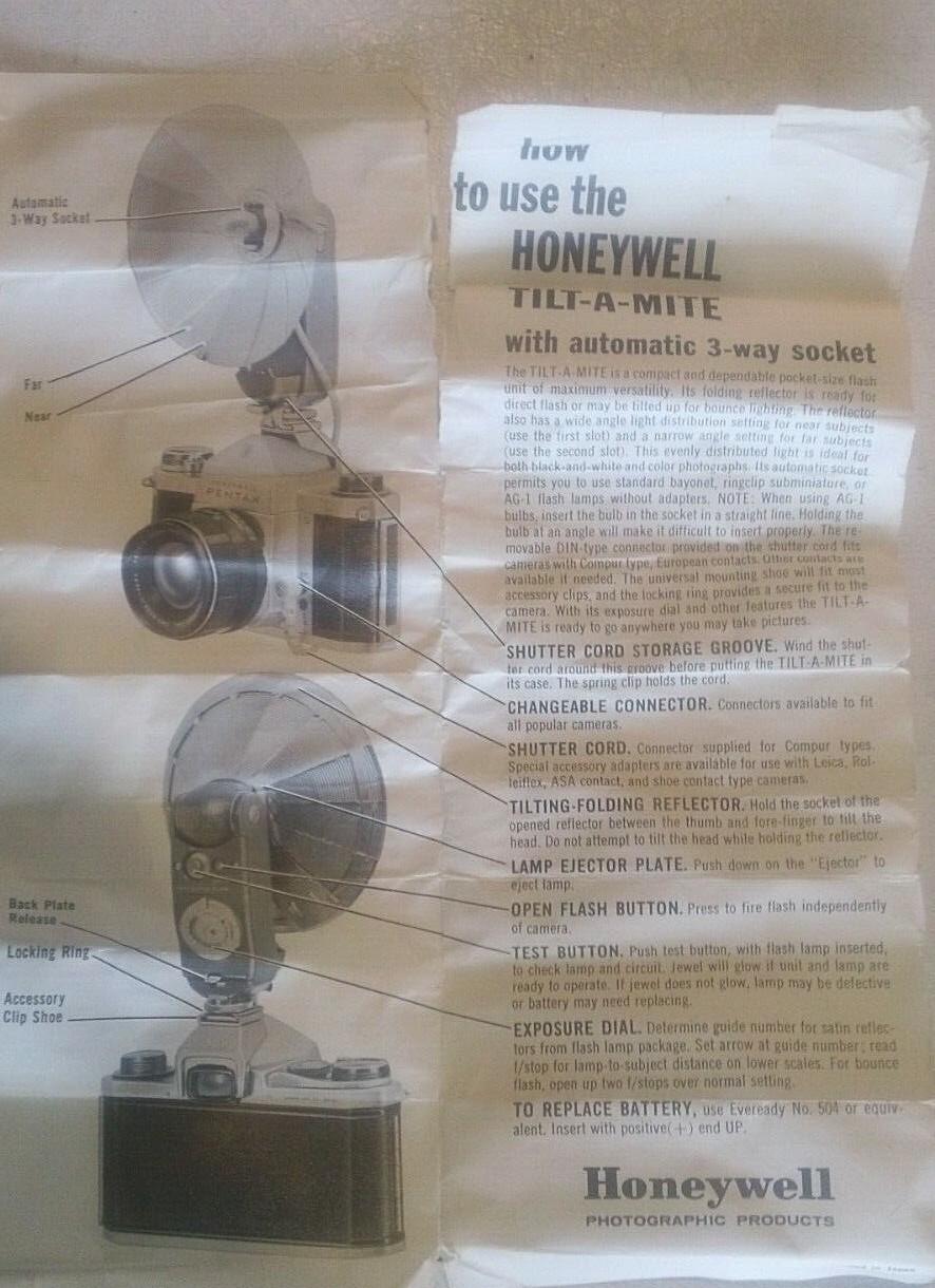 Vintage Honeywell Tilt-A-Mite Folding Fan Camera Flash + Instructions – Not Test