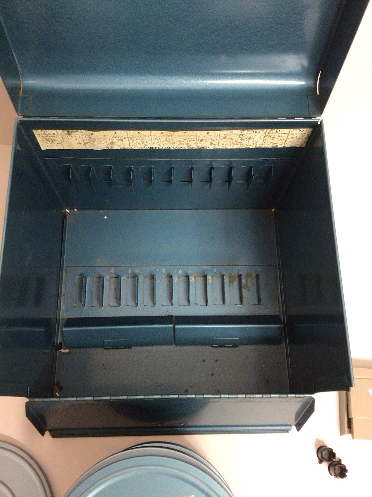 Vintage Logan Deluxe Movie Reel Chest, Blue Metal Holder 12 Canisters 8mm Super8