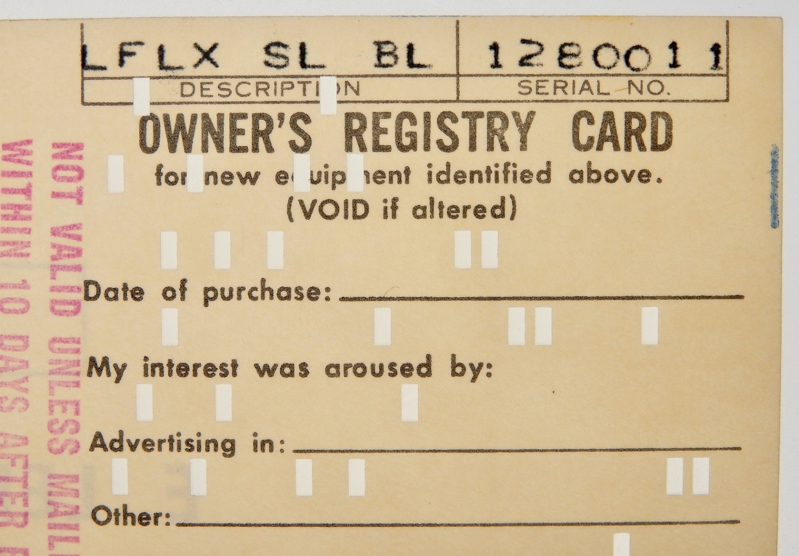 Owner’s Registry Card of Leicaflex SL #1280011