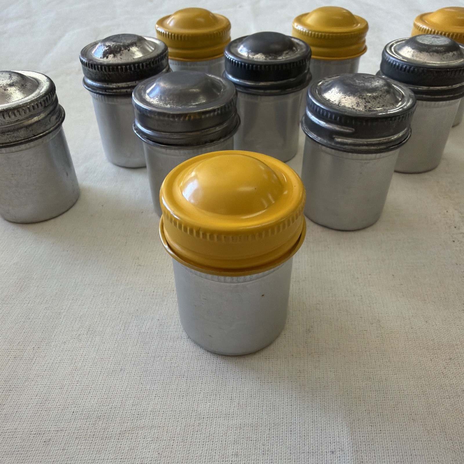 10 Vintage Metal Film Canisters with Silver or Yellow Caps
