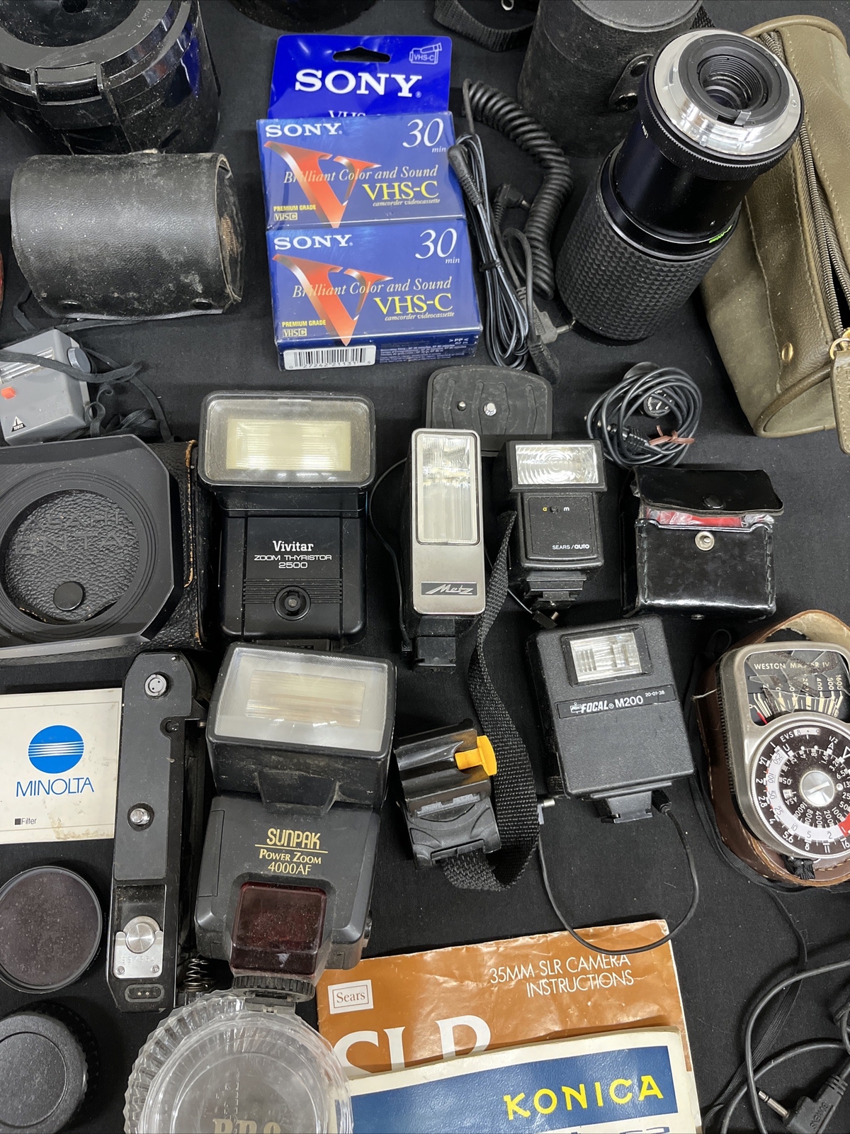 Vintage Lot Of Camera Accessories, Lenses, And Flashes