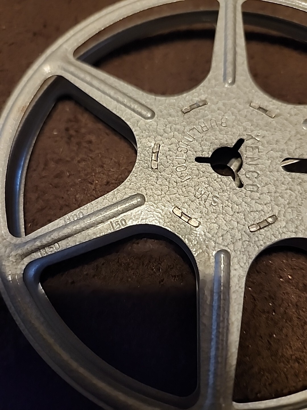 5″ 8mm Film Reel and Canister Kenco Burlington Wis 50 100 150 Marks.