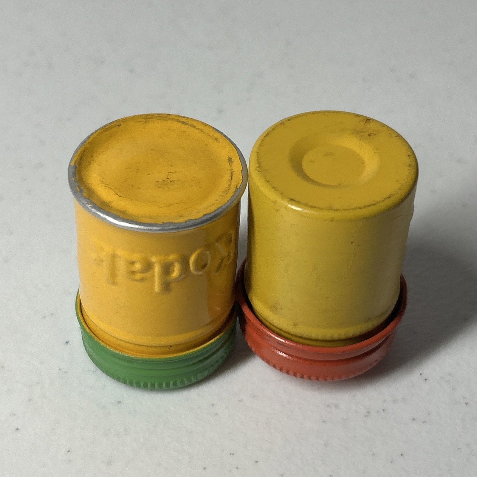 Pair Kodak Film Canisters Green Orange Vintage Screw On Lids