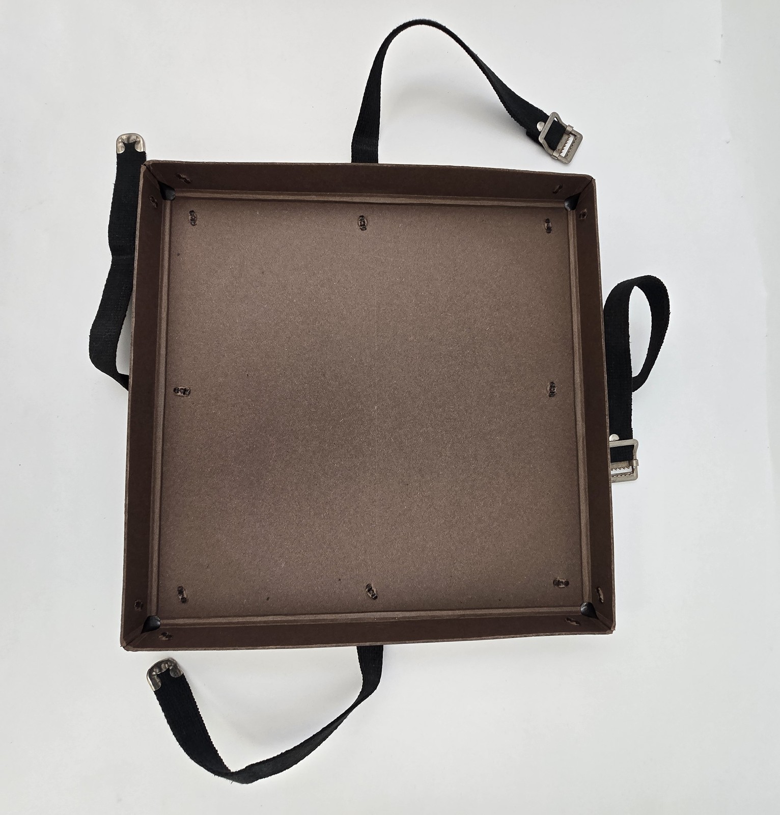 Vintage 11″ Square Fiberbilt Shipping Case Metal Corners Fabric Straps 1960s Lab
