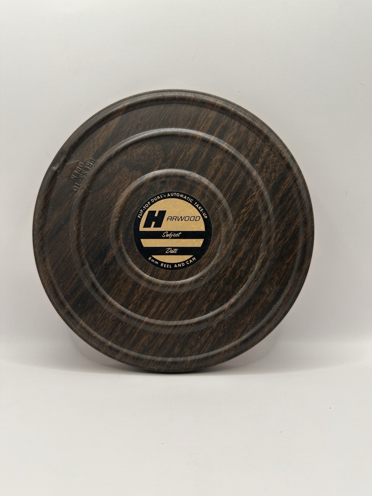 Vintage Harwood Empty 8mm Film Reel Can Faux Wood Flip Top Dual Take Up