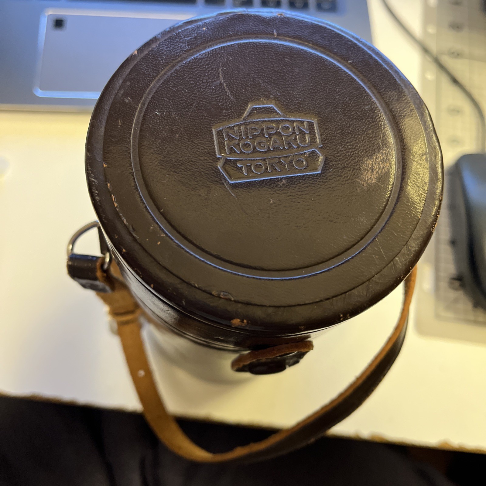 Vintage Nippon Kogaku Tokyo Hard Brown Leather Lens Case 7.5″ x3.5in