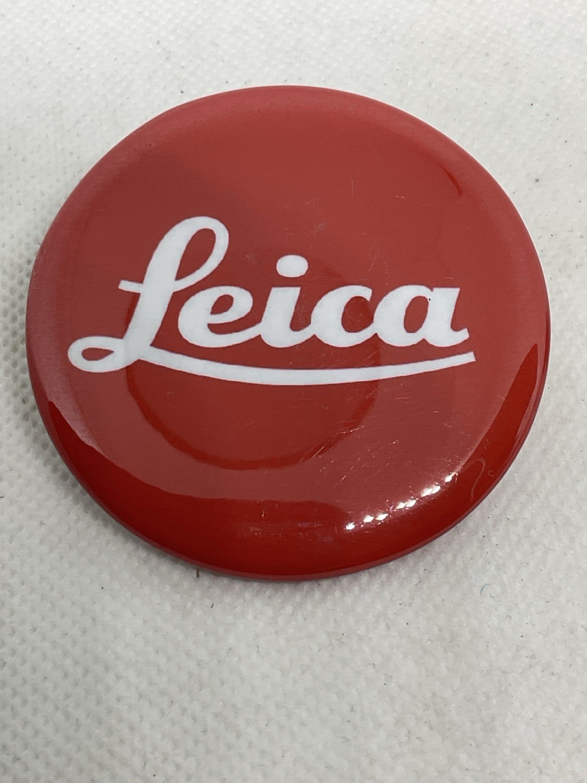 Rare Metal LECIA Red Painted Camera, Binocular Fan Pin/Badge/Button, 2.19” wide