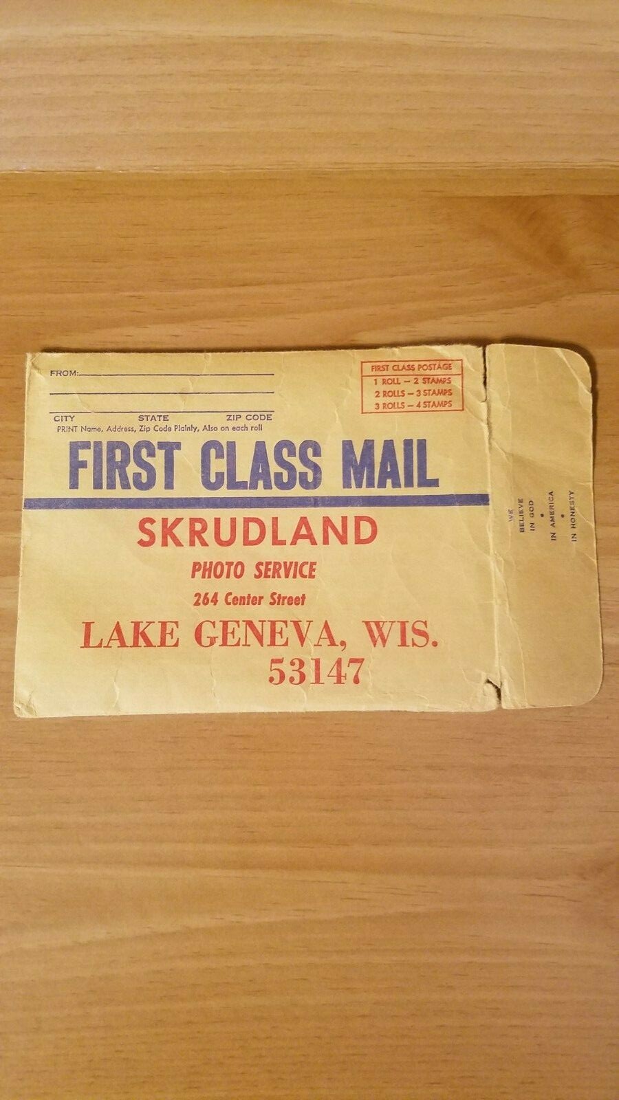 Vintage Skrudland Photo Service Film Processing Mailer Lake Geneva, WIS. 