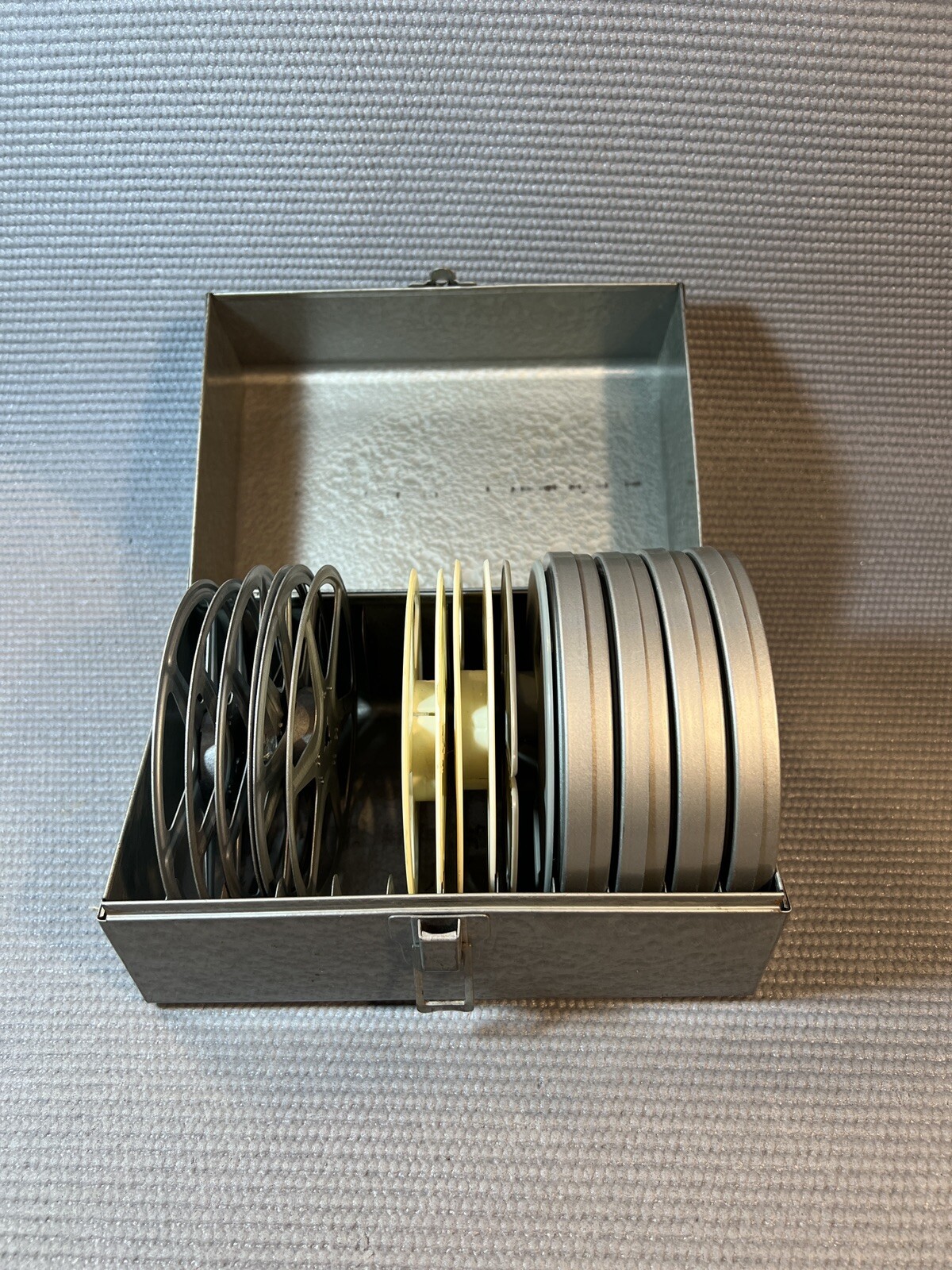 Vintage Film Reel Metal Storage Box W/ 4 Metal reel containers & 10 reels