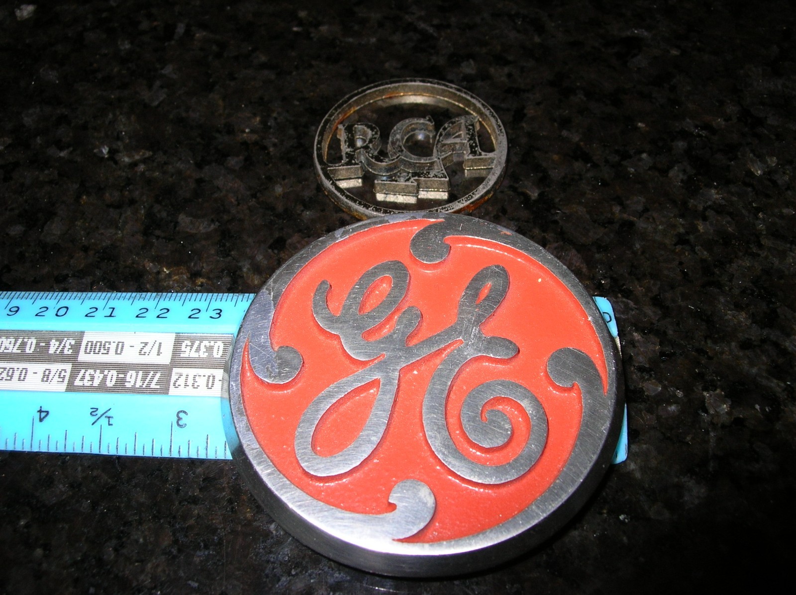 GE and RCA Broadcast Logos Metal Script Glue on Screw on Castings