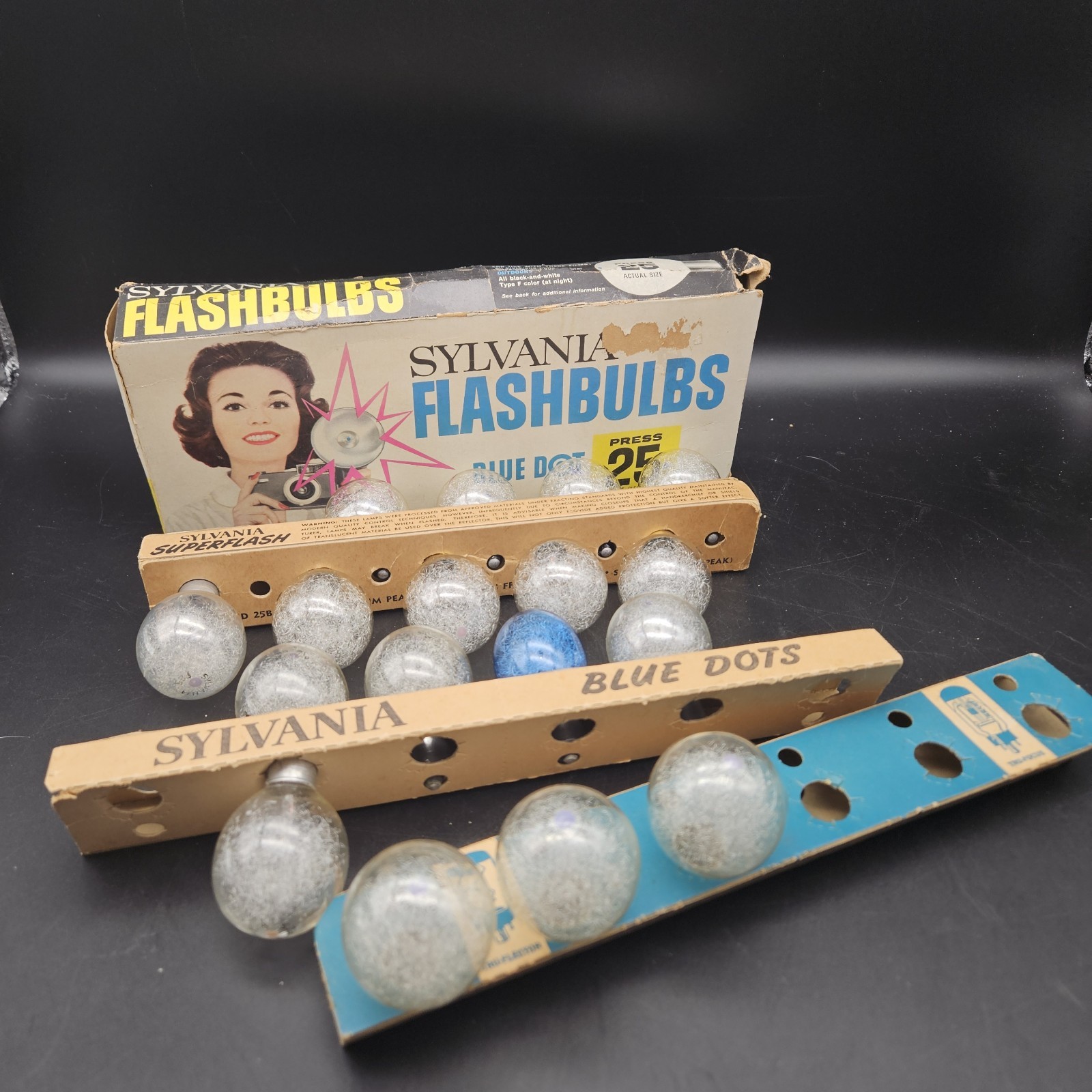 VTG Camera Photography Lot Kodak & Argus Flash Holders Sylvania Blue Dot Bulbs
