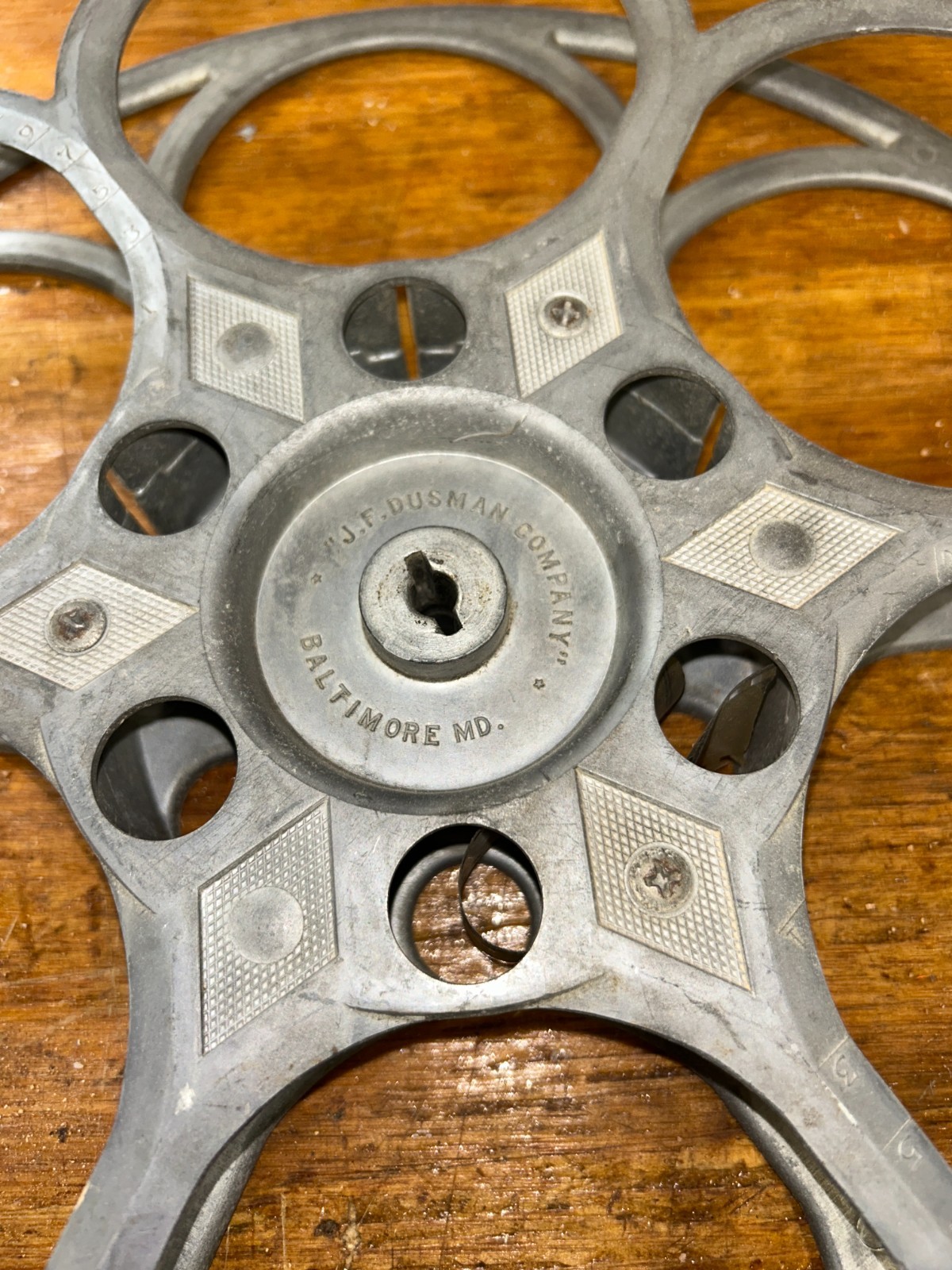 Vintage J. F. Dusman Co. Baltimore, MD. 15″ 35mm Aluminum 6-Hole Film Reel
