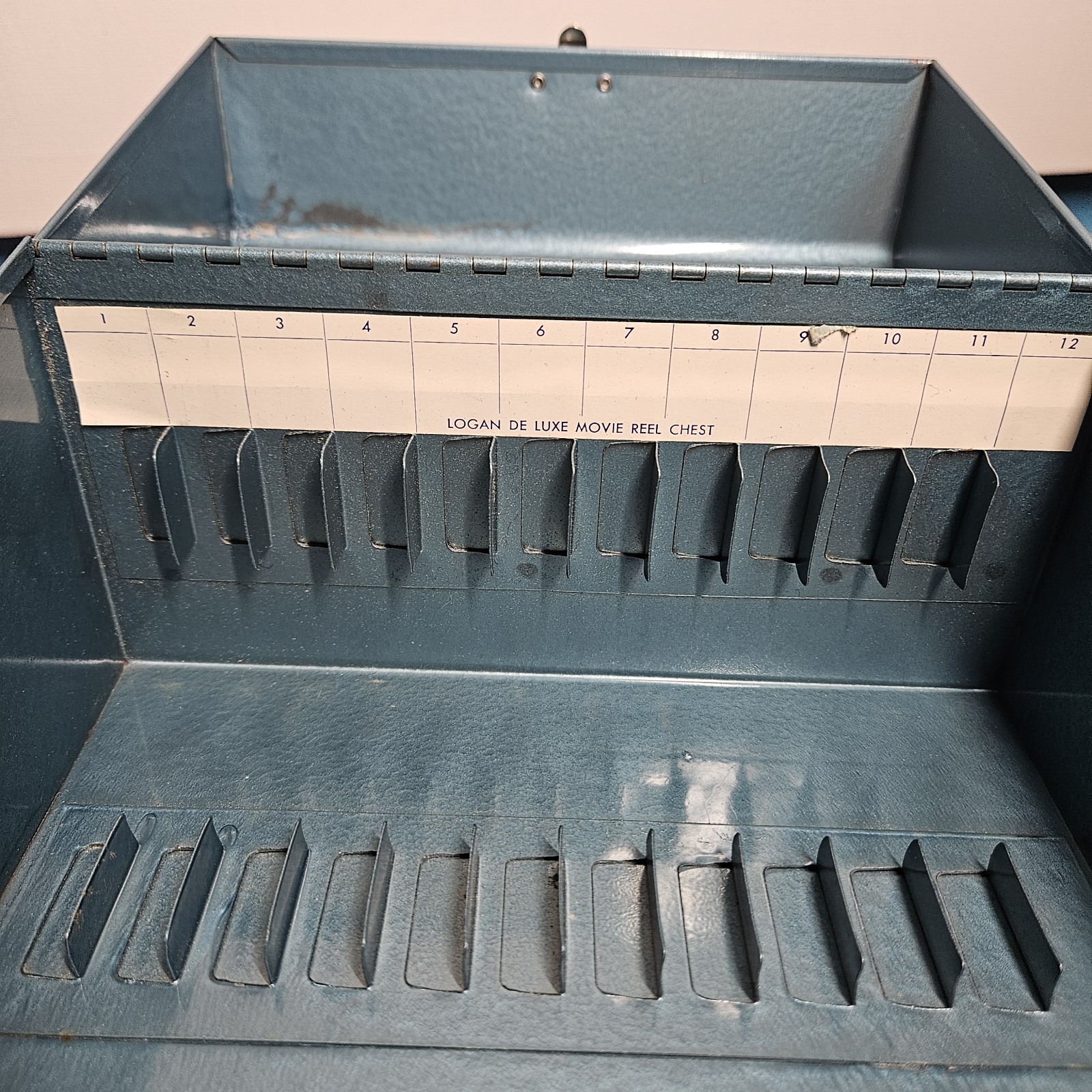 Vintage Logan Deluxe Metal 8mm Film Reel Metal Chest 12 Slots – Blue