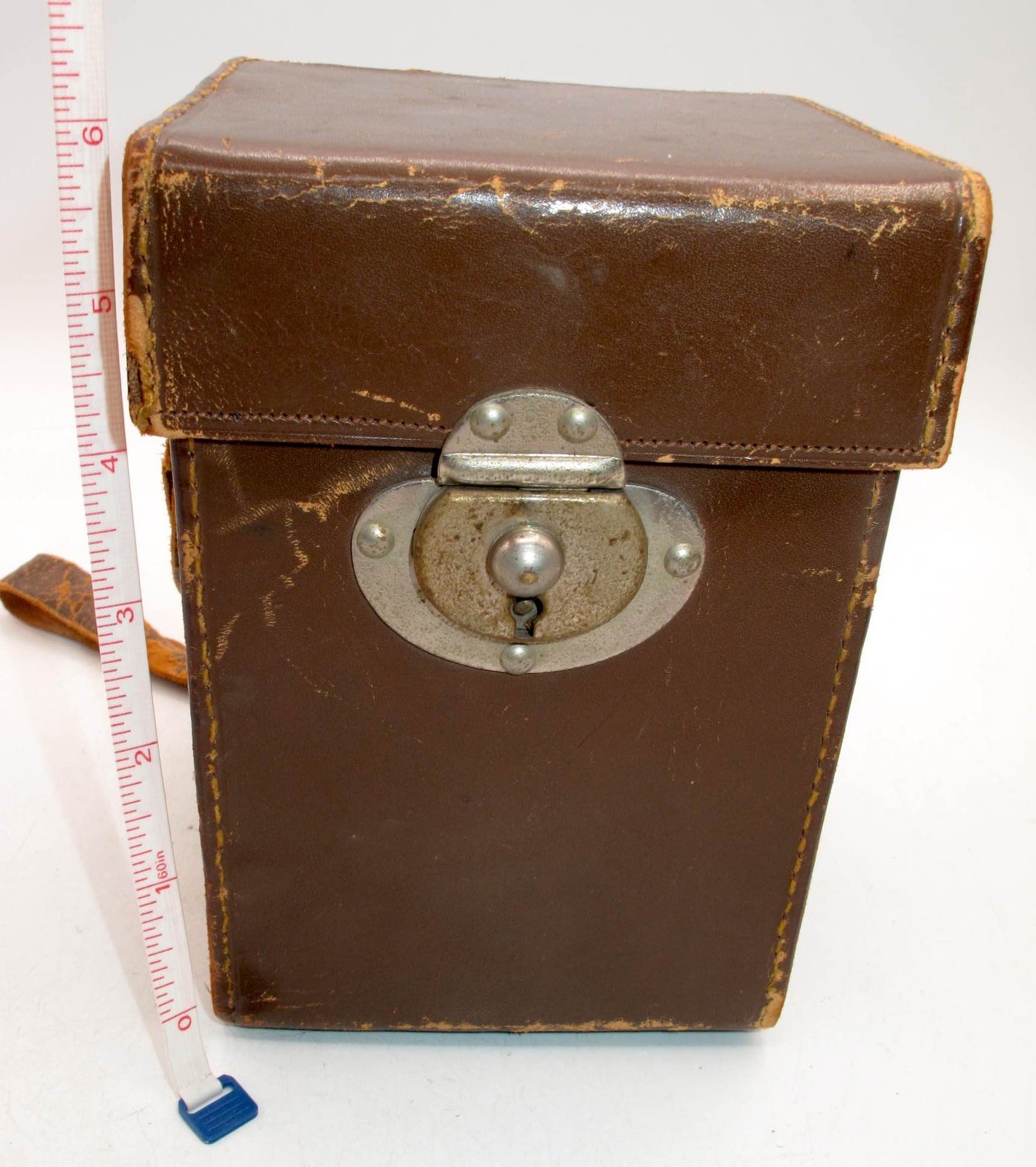 *VINTAGE* BROWN HARD CASE 6″x 4″ x 4″ WITH STRAP-GOLD INTERIOR-WORKING CLASP