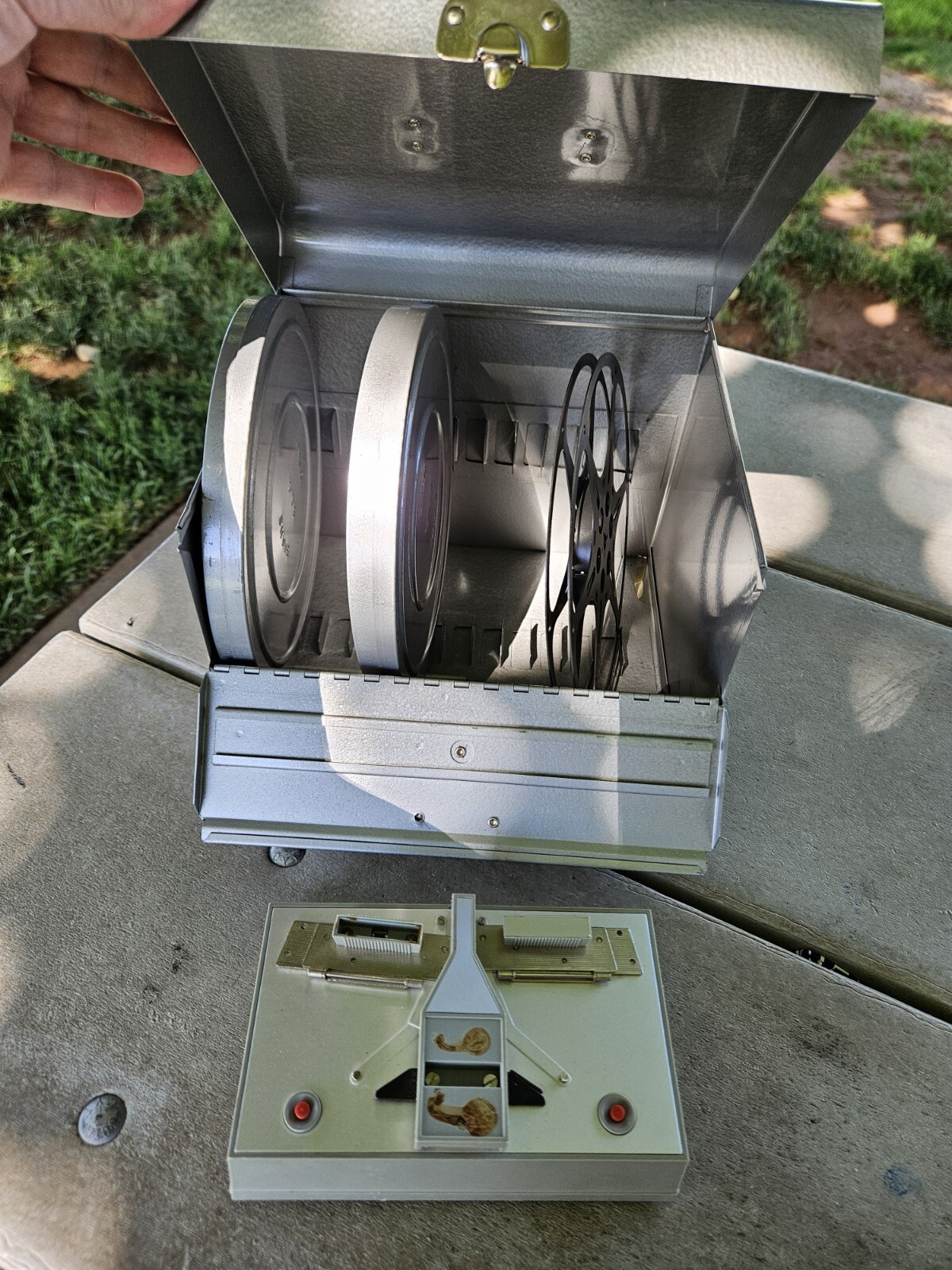 Vintage Metal 8mm Film Storage Case Box Cannisters Reels. And Splicer USA