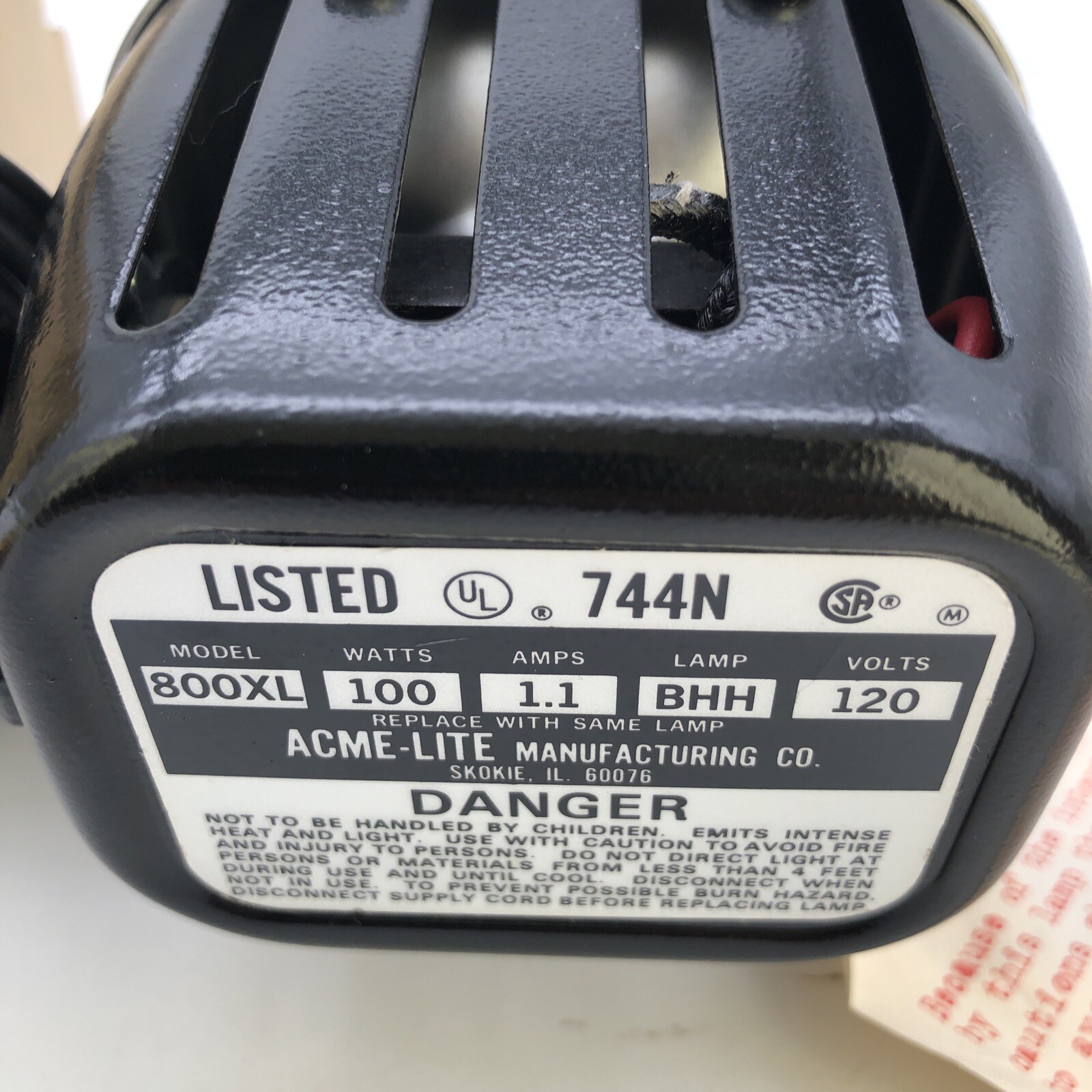 Vintage Acme Lite Model 800 XL–LITE Supplementary Light Movie Camera 100 Watts