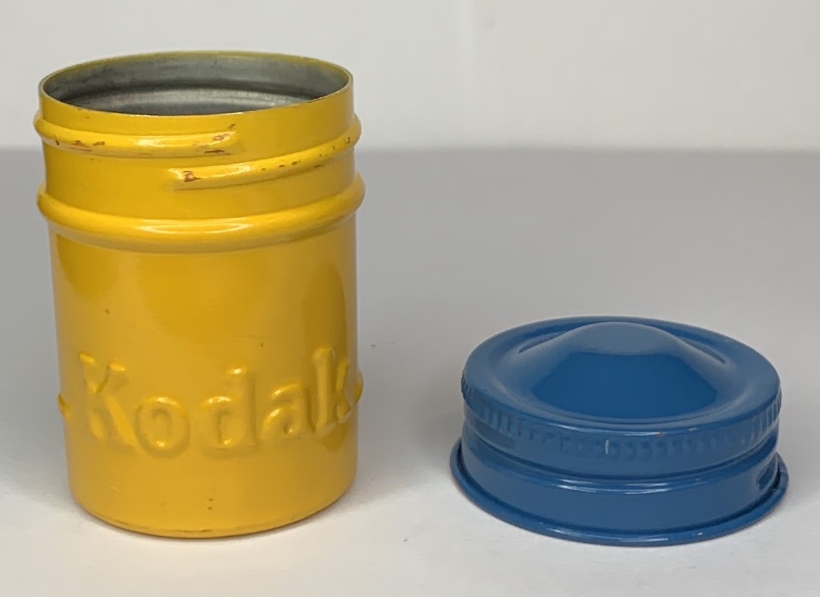 VTG Kodak Empty Metal 35mm Film Canister Yellow w/Blue Screw Top for Ektachrome