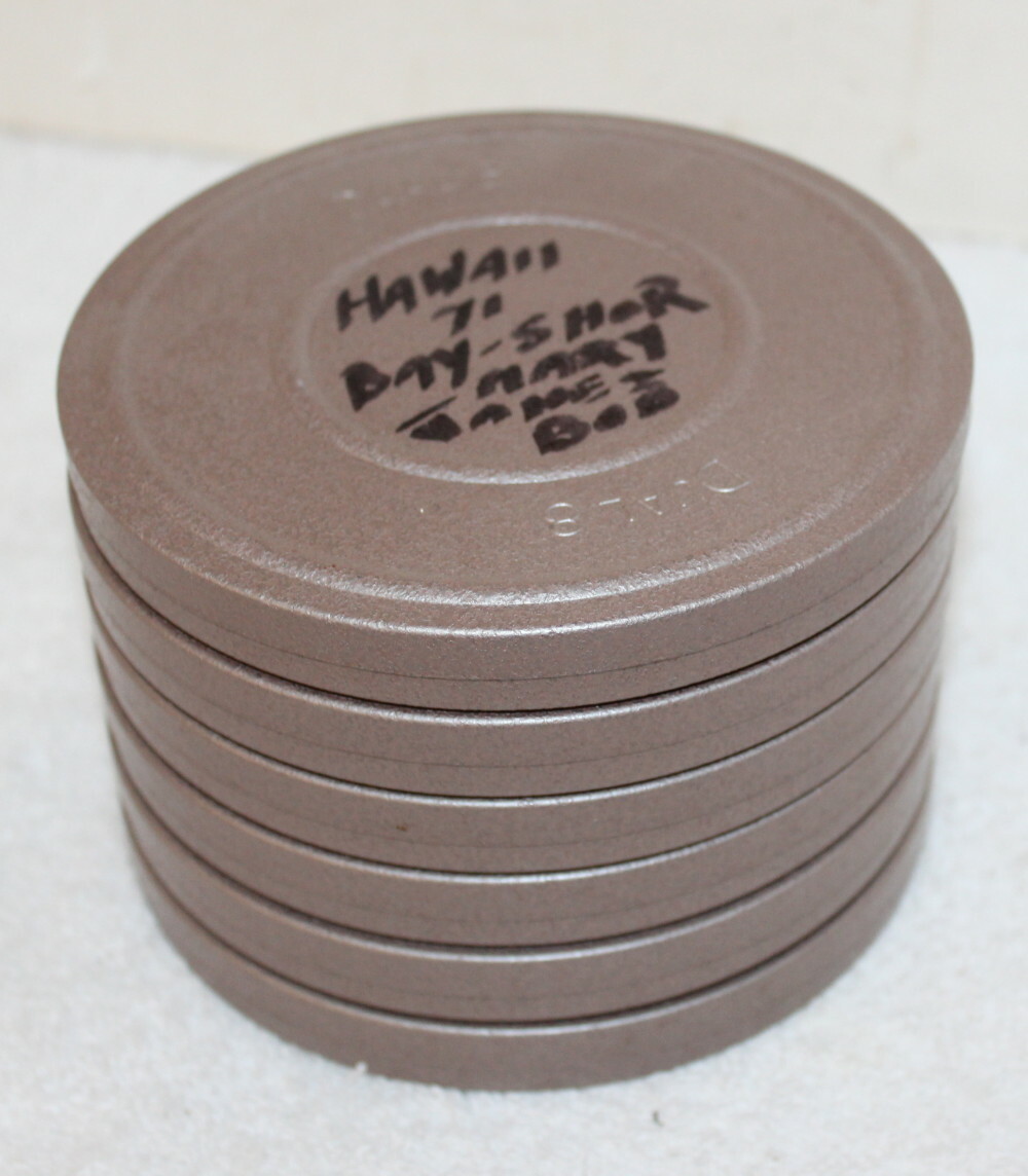 6 Vintage 5″ Dual 8 Metal Film Reel Cans + 2 Films ~ Hawaii Family Vacation