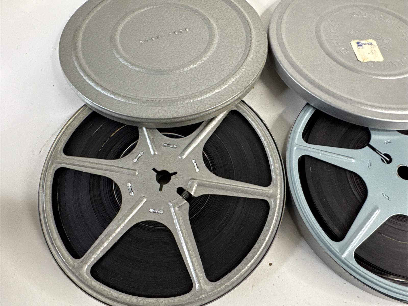 3 Vintage 5″ 8MM Kenco Scherer Metal Film Canisters And Full Used Reels USA MADE