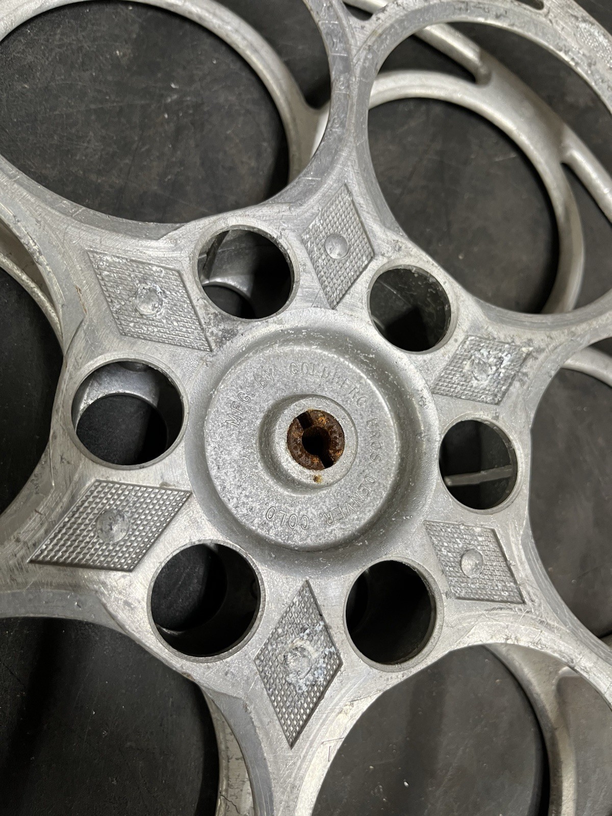 Set of 2 Vintage Goldberg Bros 15″ 35mm Cast Aluminum Movie Film 6 Hole Reels