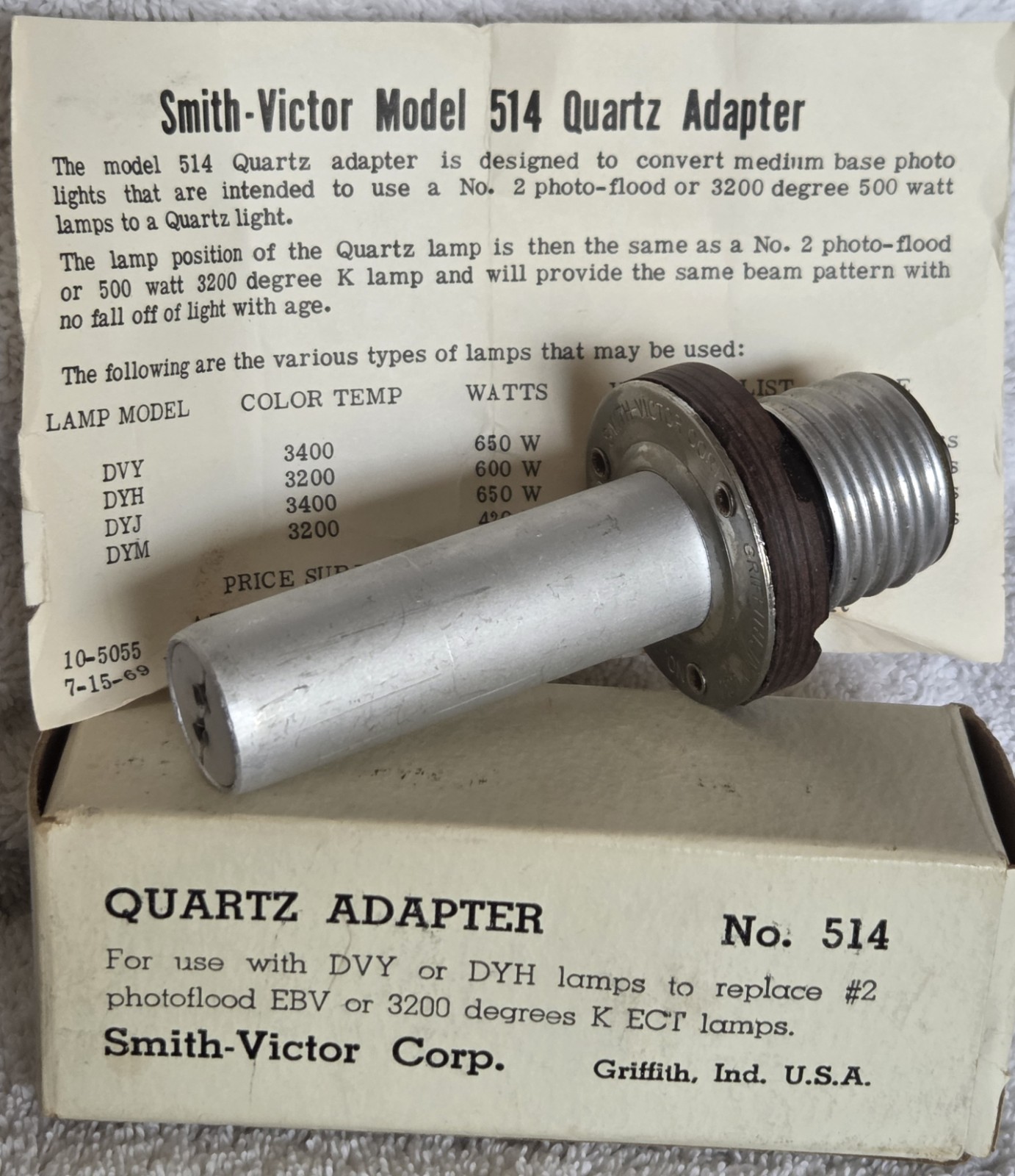 Smith Victor Quartz Adapter Model 514 for DVY DYH Original Stock Never used