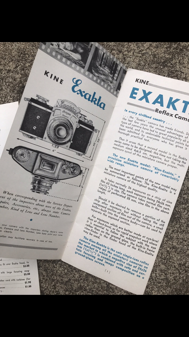 1939 Exakta brochures Kine VP Camera Night, B C Zeiss Hugo meyer lens price list