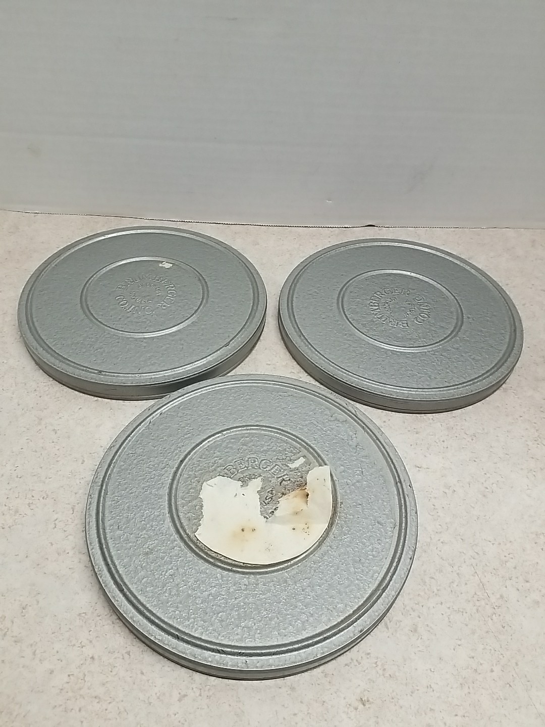 3 BRUMBURGER 8mm Film Canister and Take Up Reel 7″ Brooklyn NY, USA Metal Cases