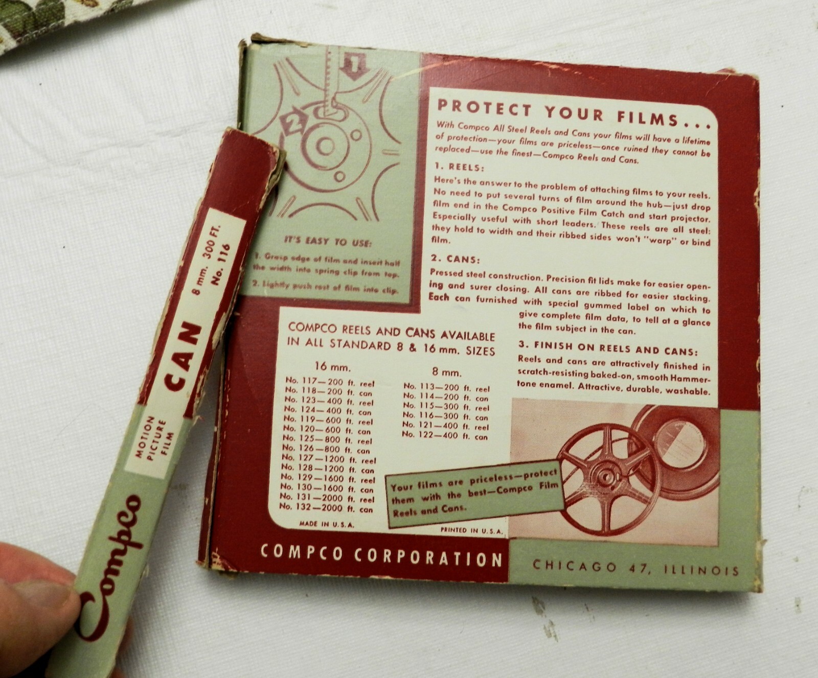 Vtg Compco Motion Picture Film Can & Reels 8mm–400 ft–No.116 w/Box